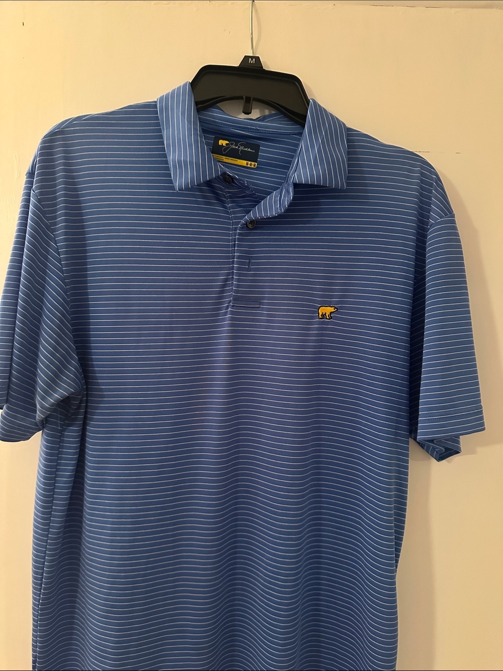 JN Men's Blue Striped Polo Shirt with Embroidered Bear Logo Medium
